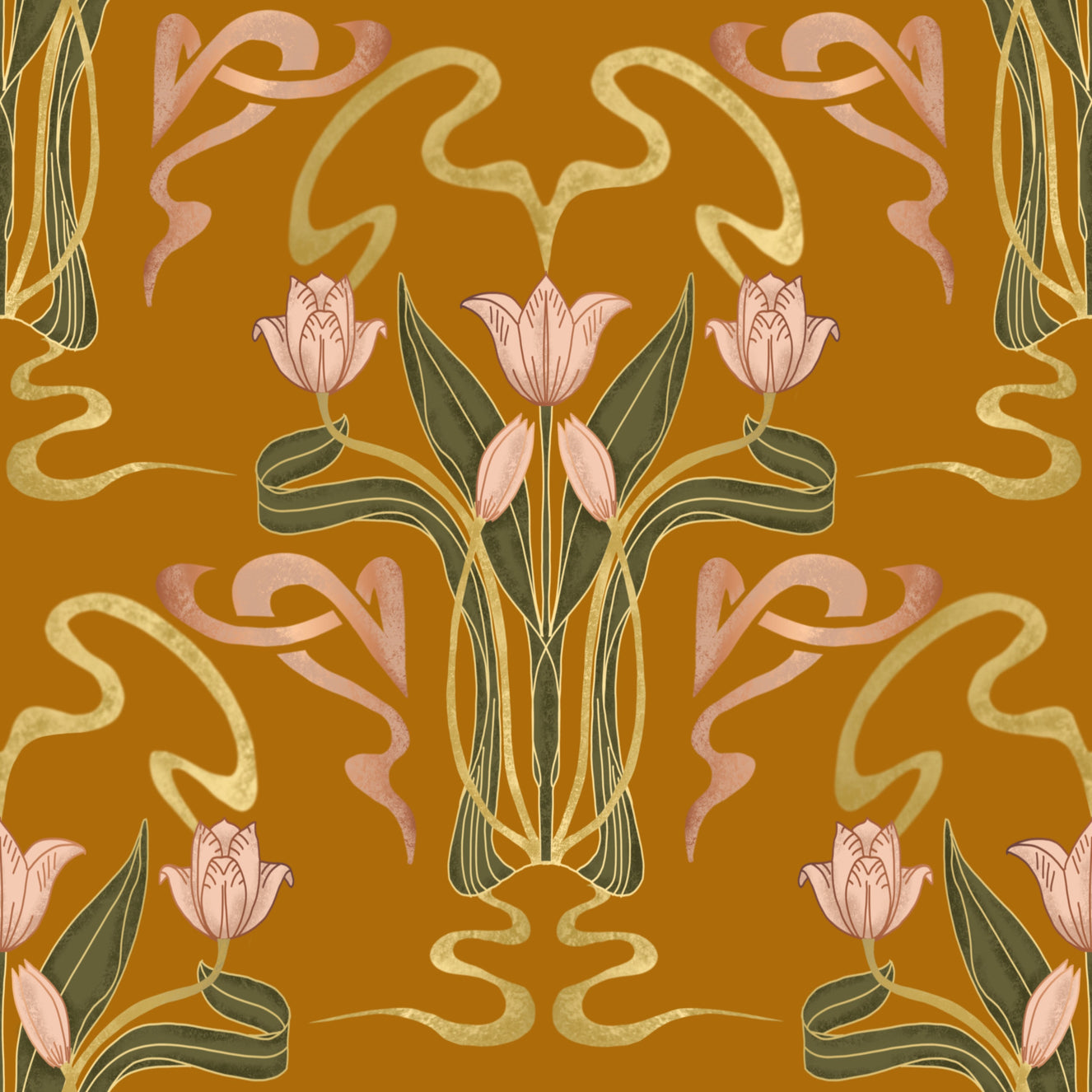 Deco Tulip Bloom  - Art Deco Floral Nouveau Golden Ochre Wallpaper⁠