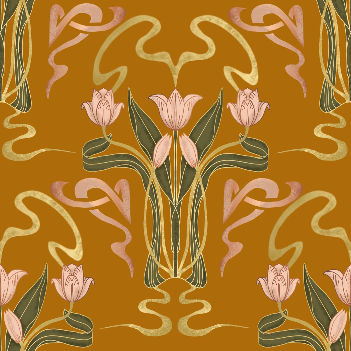 Deco Tulip Bloom  - Art Deco Floral Nouveau Golden Ochre Wallpaper⁠ in your room