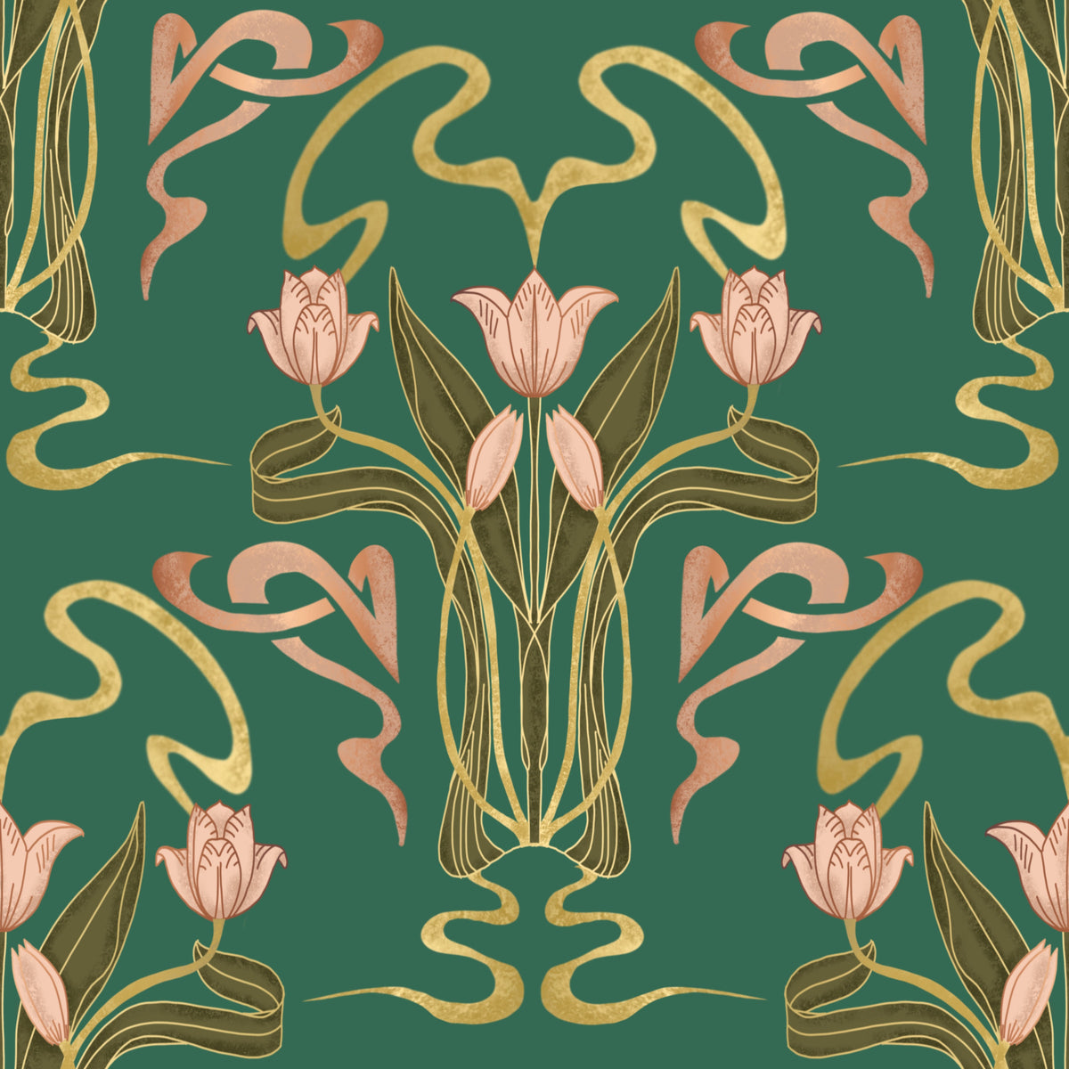 Deco Tulip Bloom  - Art Deco Floral Nouveau Forest Grove Wallpaper⁠