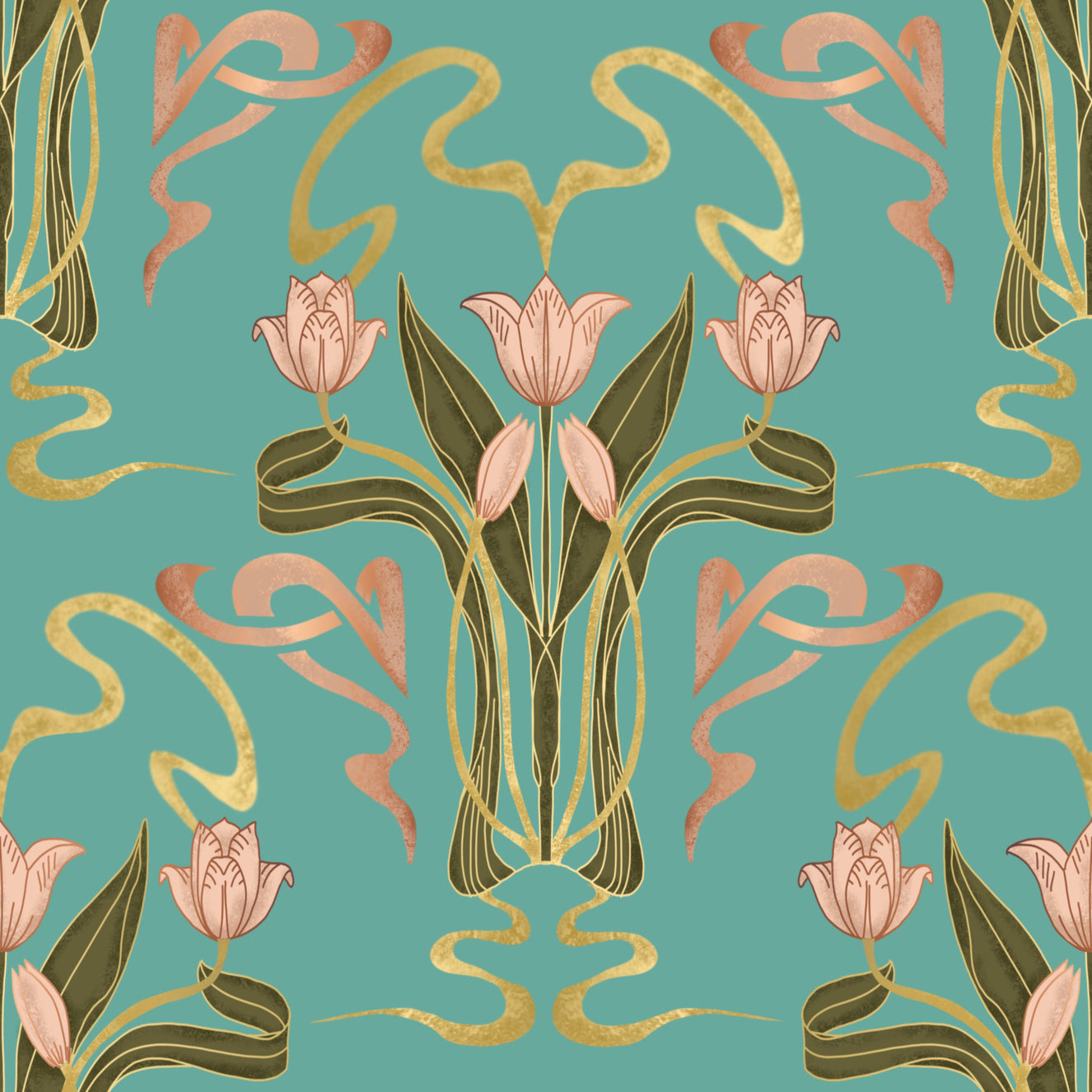 Deco Tulip Bloom  - Art Deco Floral Nouveau Serene Aqua Wallpaper⁠