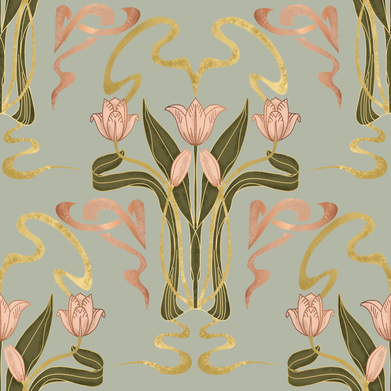 Deco Tulip Bloom  - Art Deco Floral Nouveau Muted Sage Grey Wallpaper⁠
