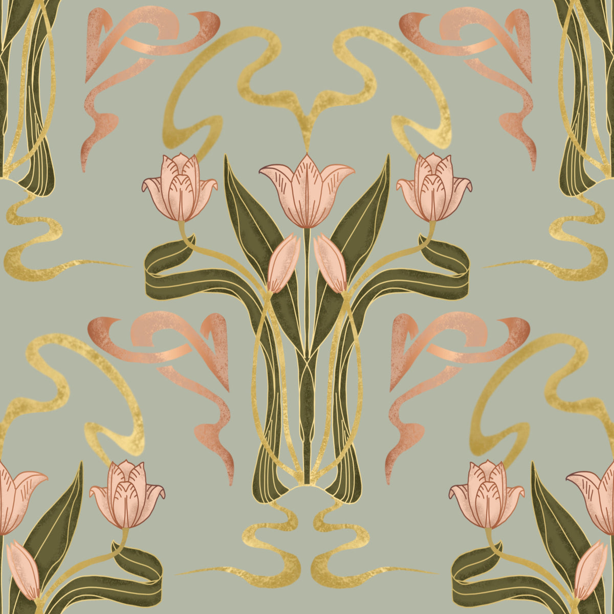 Deco Tulip Bloom  - Art Deco Floral Nouveau Muted Sage Grey Wallpaper⁠ in your room — zoomed