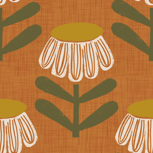Retro Floral Burnt Orange - Mid Century Modern Daisy Wallpaper⁠