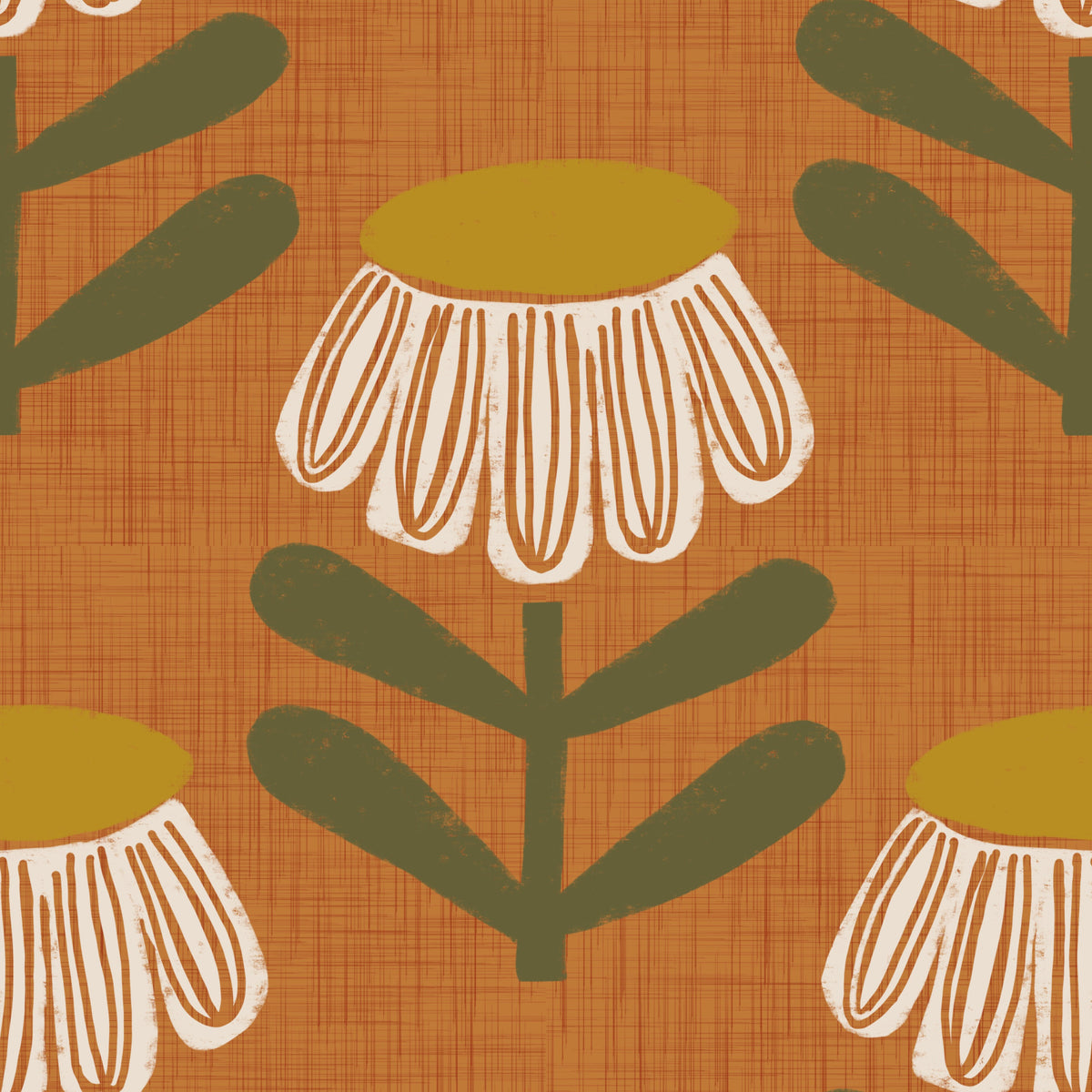 Retro Floral Burnt Orange - Mid Century Modern Daisy Wallpaper⁠