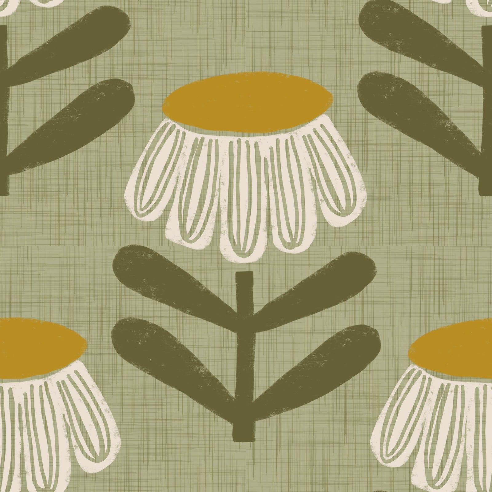 Retro Floral Sage - Mid Century Modern Daisy Wallpaper⁠