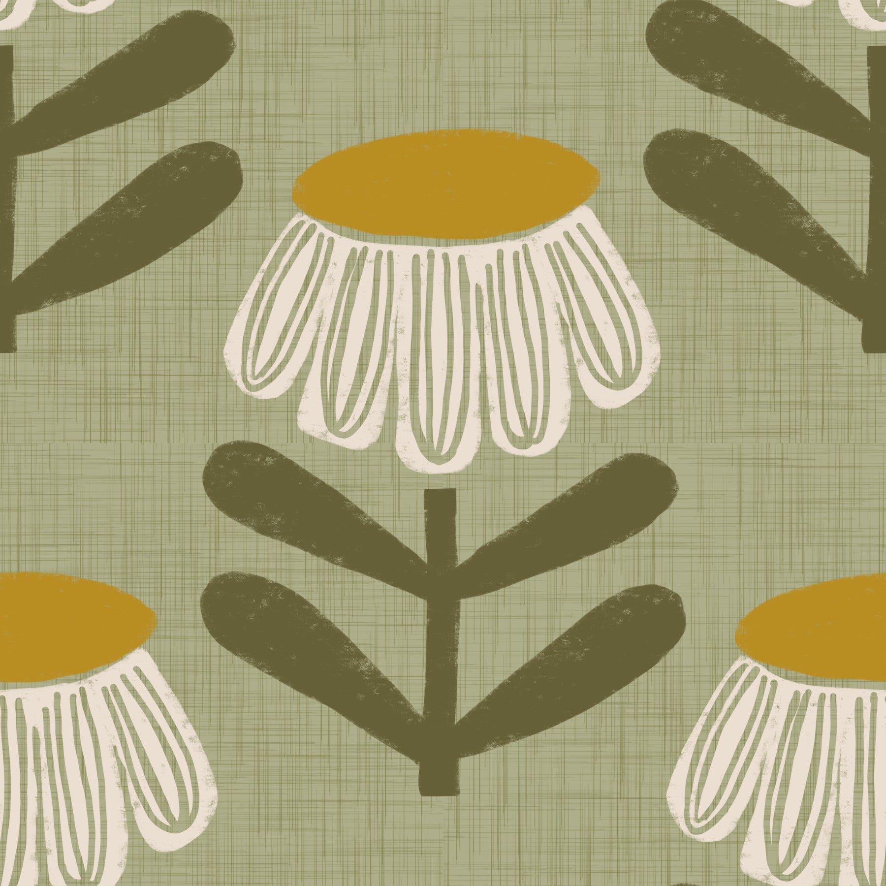 Retro Floral Sage - Mid Century Modern Daisy Wallpaper⁠ in your room — zoomed