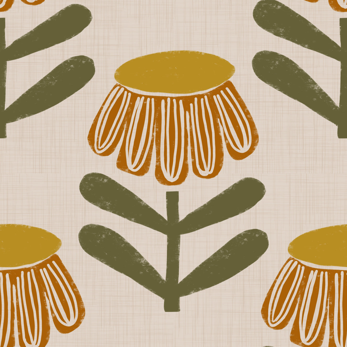 Retro Floral Mustard - Mid Century Modern Daisy Wallpaper⁠