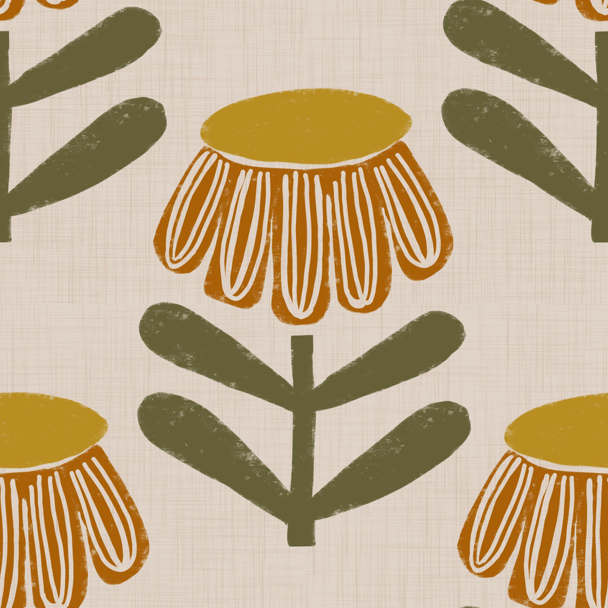 Retro Floral Mustard - Mid Century Modern Daisy Wallpaper⁠ in your room