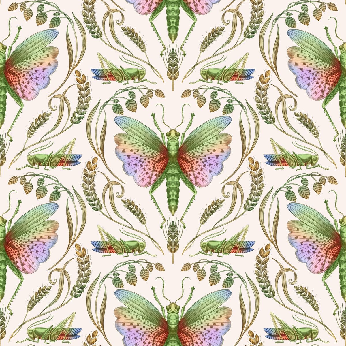 Rainbow Grasshopper Damask light Wallpaper⁠ in your room — zoomed