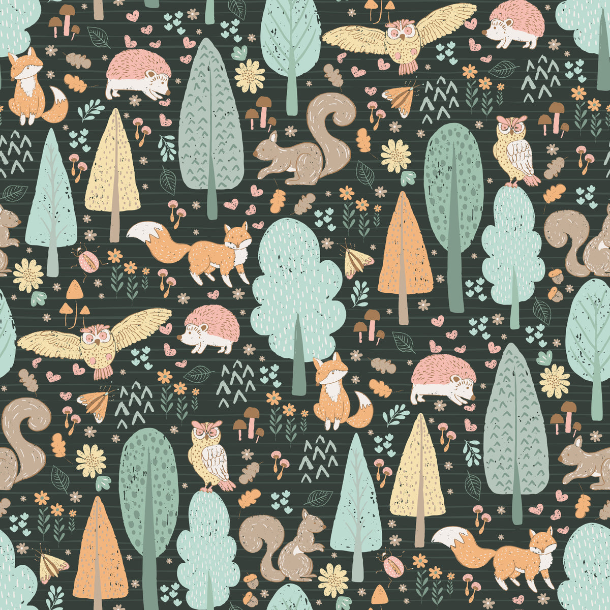 Playful Woodland Nursery Animals Dark Green Background Wallpaper⁠ in your room