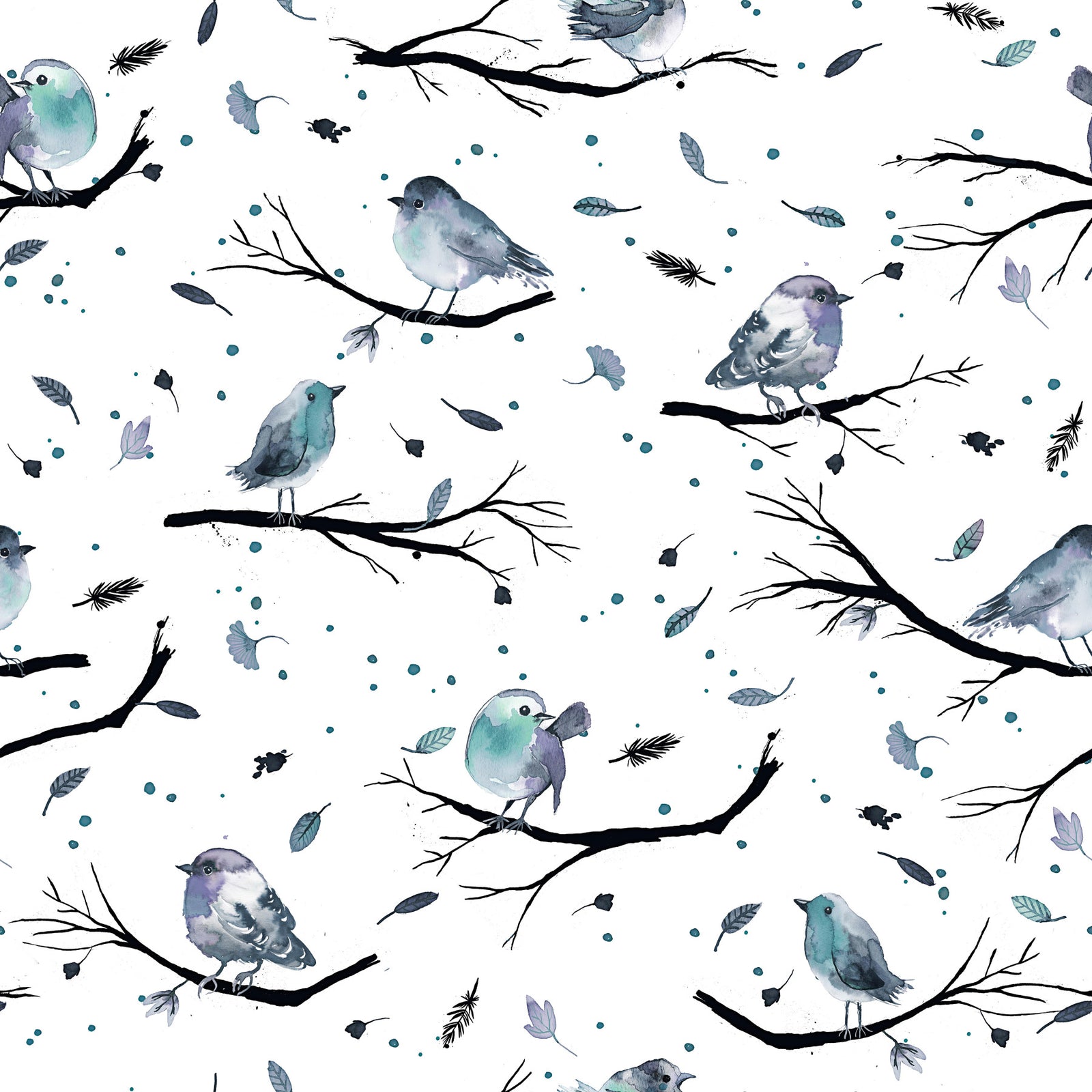 Birds Branches Robin Aqua Blue Wallpaper⁠ in your room
