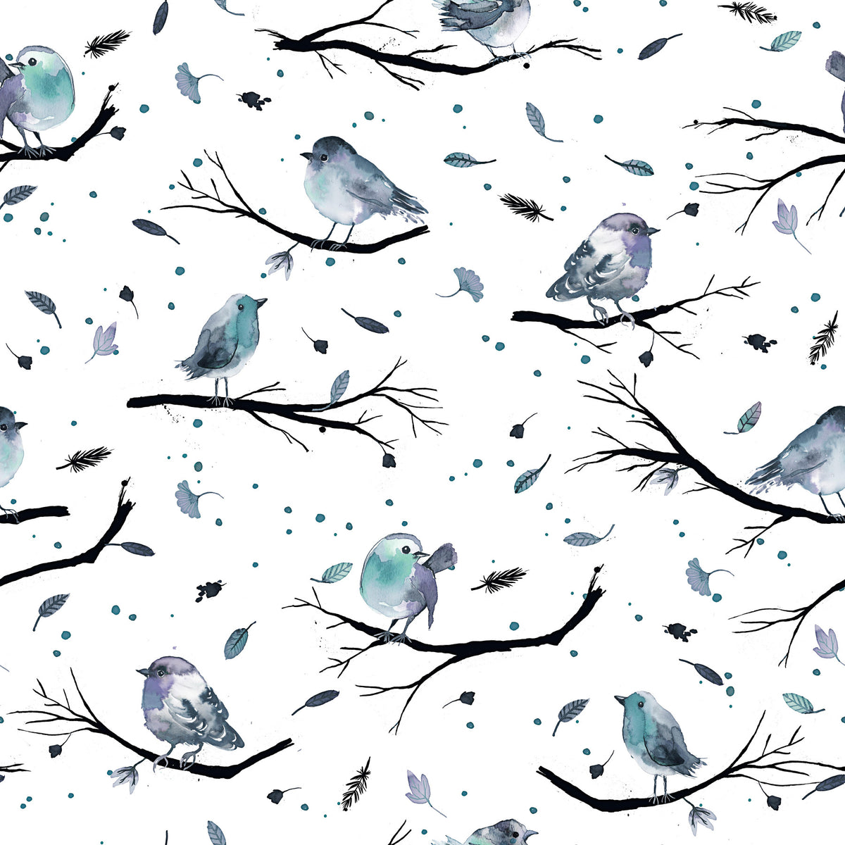 Birds Branches Robin Aqua Blue Wallpaper⁠ in your room — zoomed