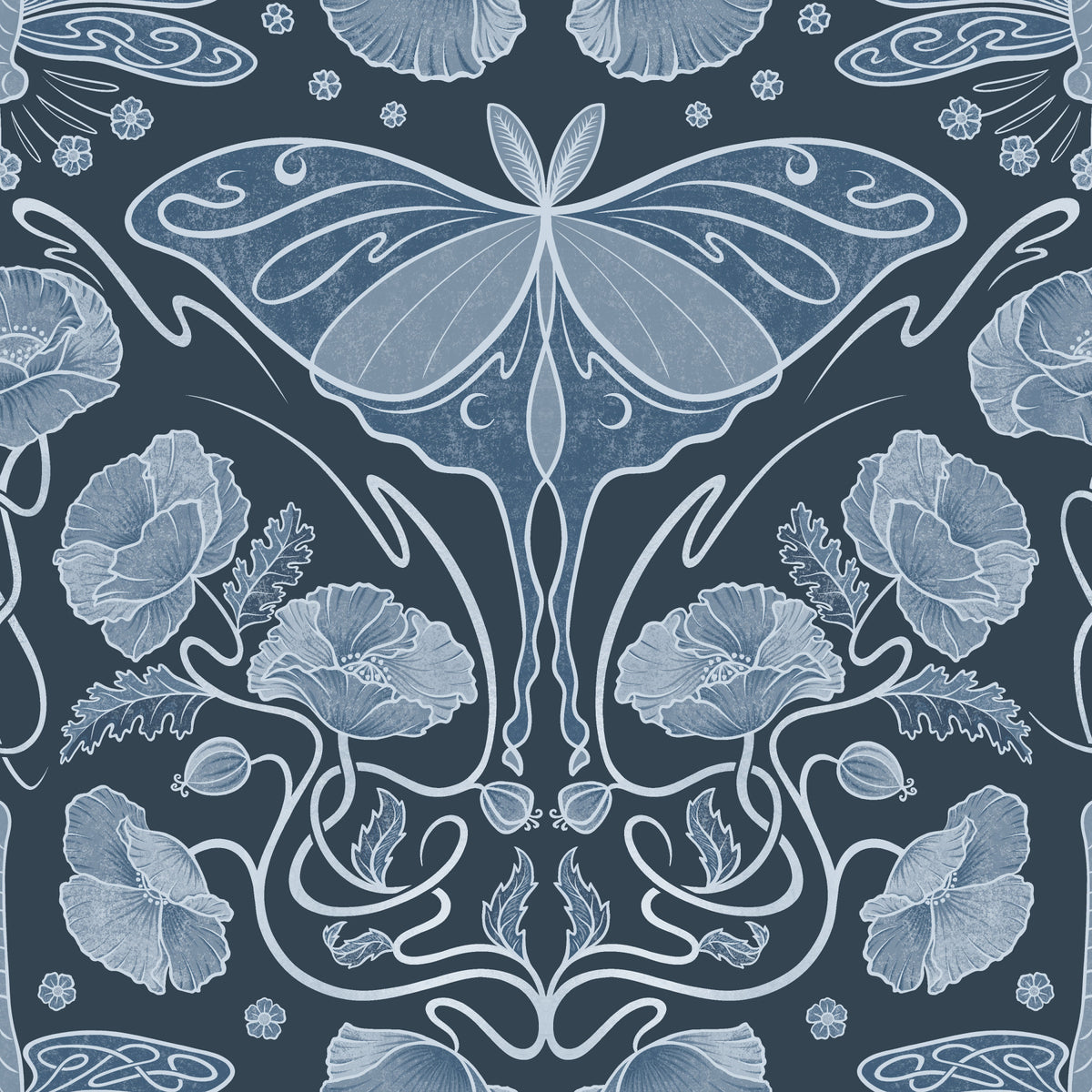 Art Nouveau Poppies & Luna Moth Blue Wallpaper