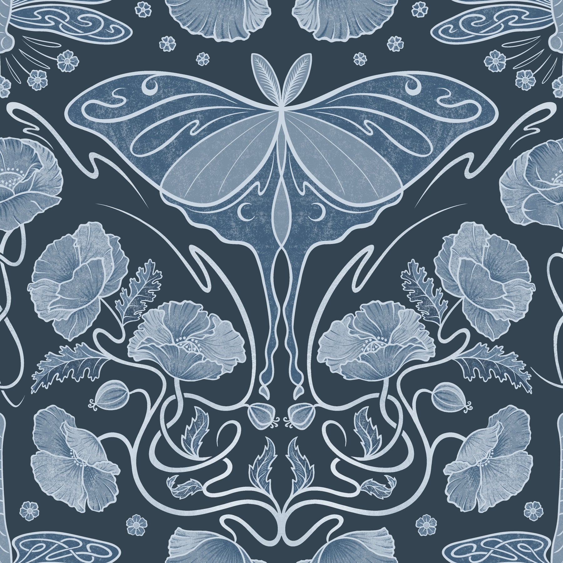 Art Nouveau Poppies & Luna Moth Blue Wallpaper