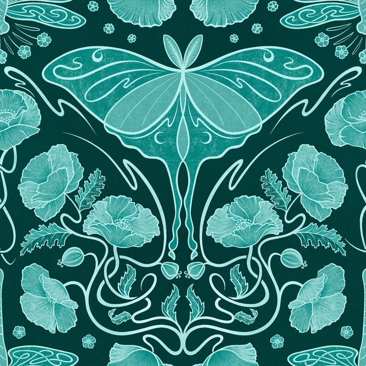 Art Nouveau Poppies & Luna Moth Teal Wallpaper⁠ in your room — zoomed
