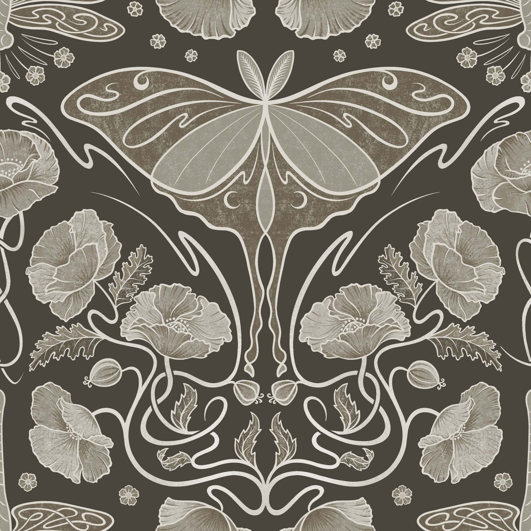Art Nouveau Poppies & Luna Moth Sepia Wallpaper Wallpaper⁠ in your room — zoomed