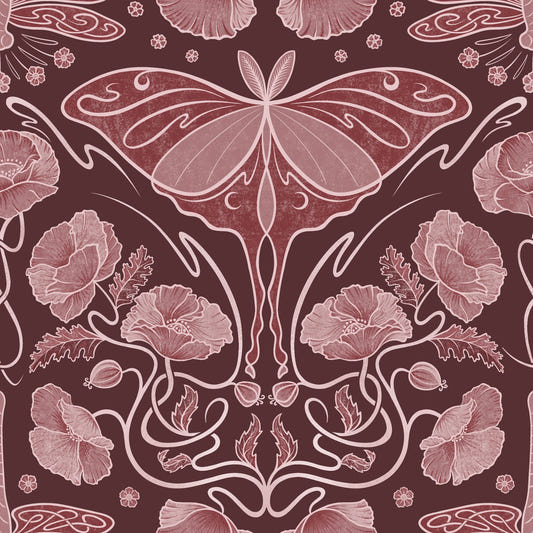 Art Nouveau Poppies & Luna Moth Crimson Wallpaper Wallpaper⁠