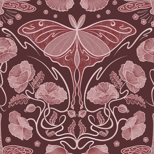 Art Nouveau Poppies & Luna Moth Crimson Wallpaper Wallpaper⁠