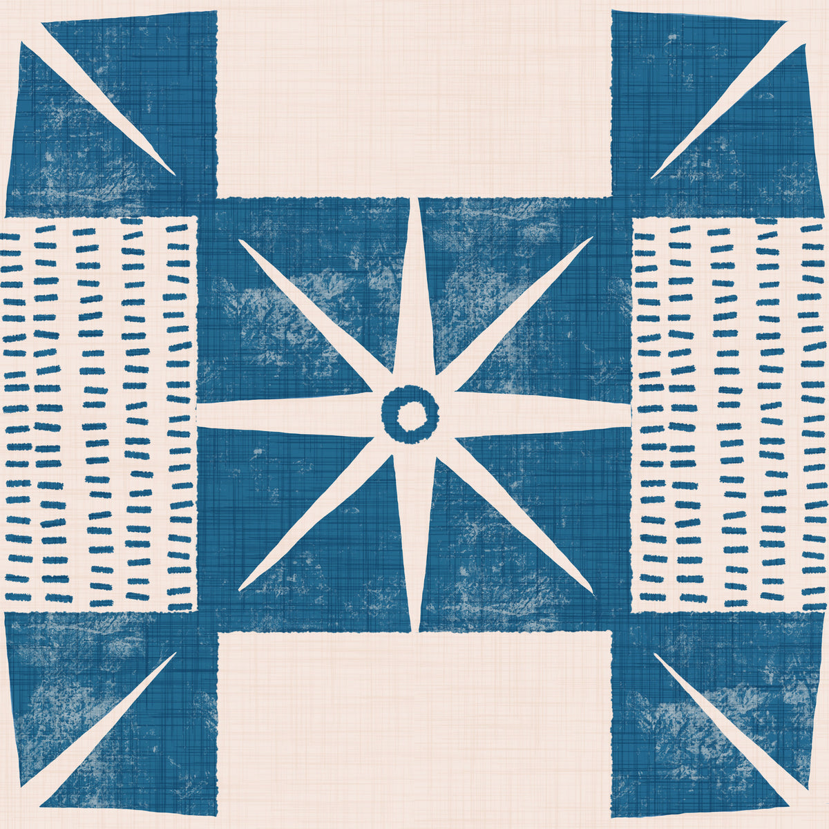 Retro Starburst Quilt Block - Minimalist Mid Century Indigo Wallpaper⁠ in your room — zoomed