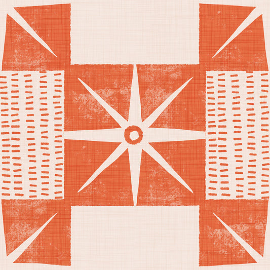 Retro Starburst Quilt Block - Minimalist Mid Century Salmon Orange Wallpaper⁠