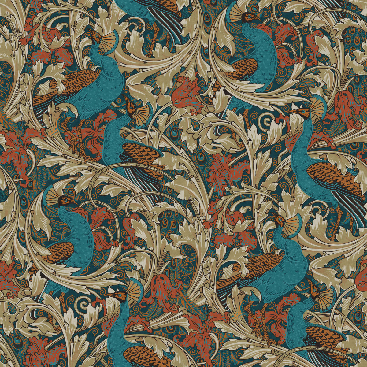 Peacock Garden by Walter Crane in teal rust mustard beige Wallpaper⁠ in your room — zoomed