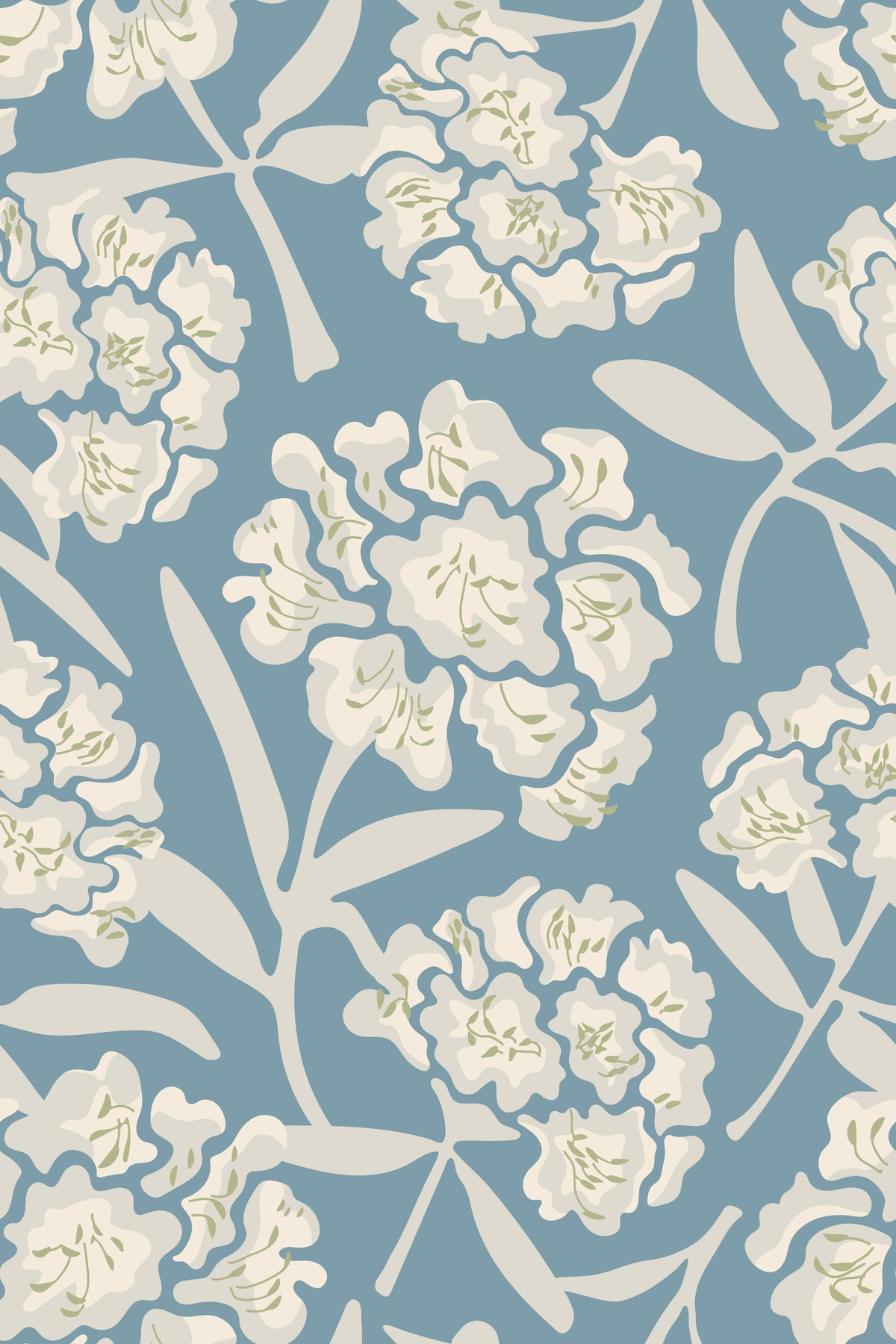 Rhododendrons Retro Floral White Gray Soft Pastel Blue Wallpaper⁠ in your room