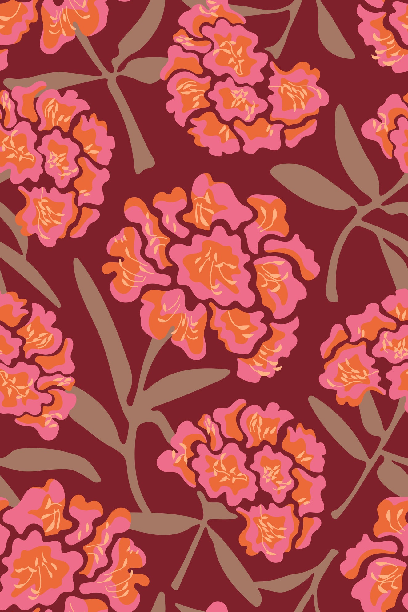 Rhododendrons Retro Floral Pink Mocha Mousse Wine Red Wallpaper⁠