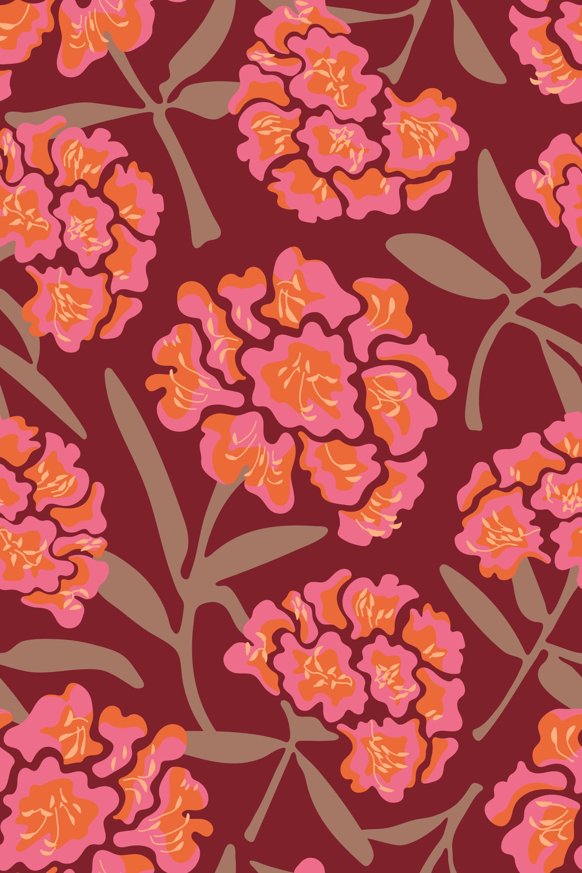 Rhododendrons Retro Floral Pink Mocha Mousse Wine Red Wallpaper⁠