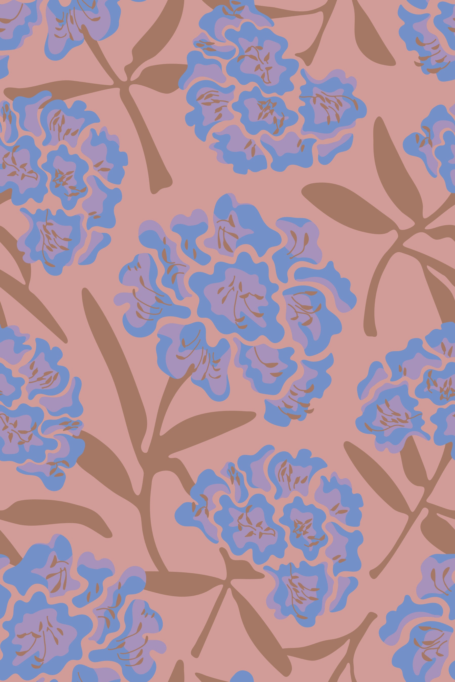 Rhododendrons Retro Floral Blue Violet Mocha Mousse Rose Pink Wallpaper⁠