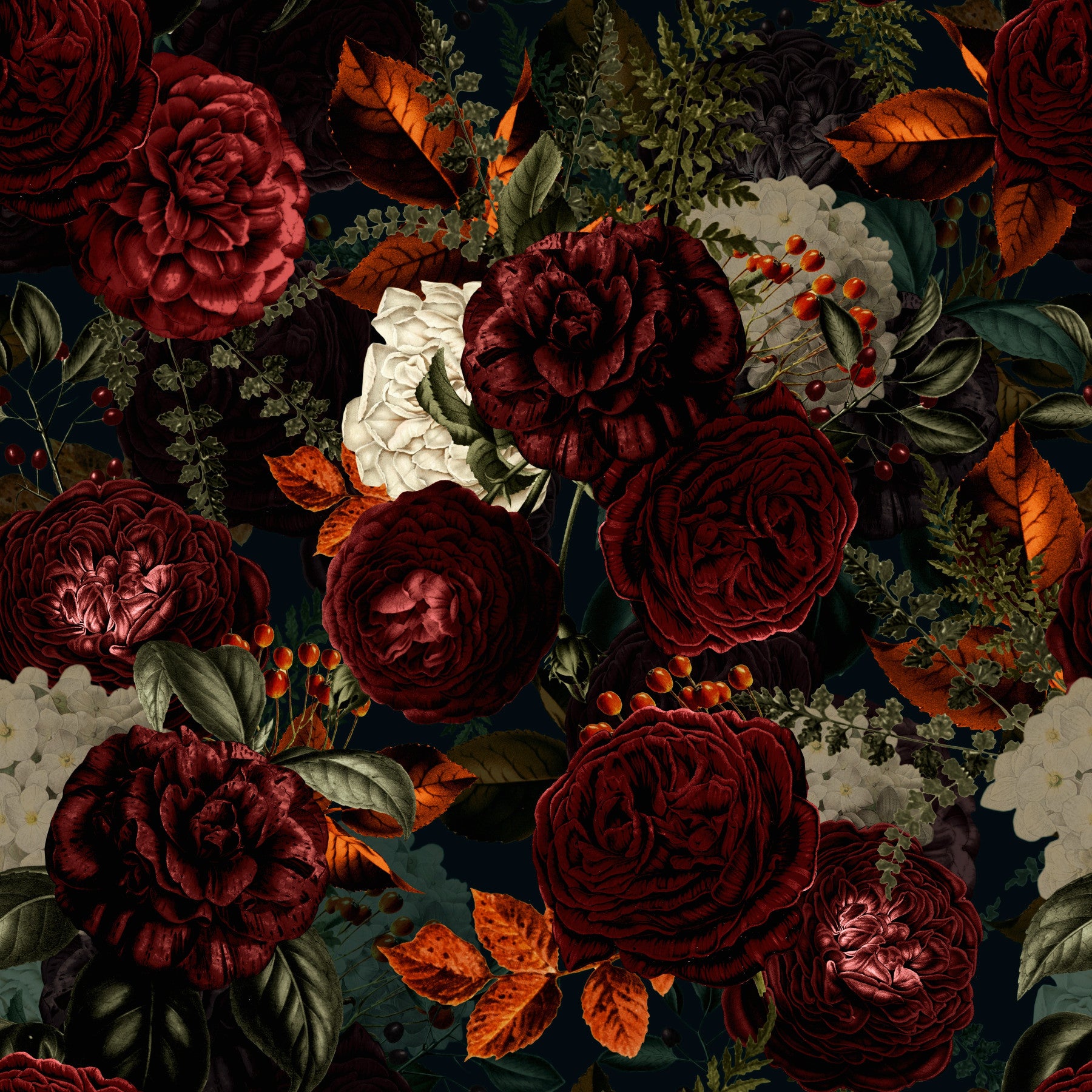 Grandmillennial Dramatic Glamour Heritage Gothic Dark Moody Florals Wallpaper⁠ in your room — zoomed