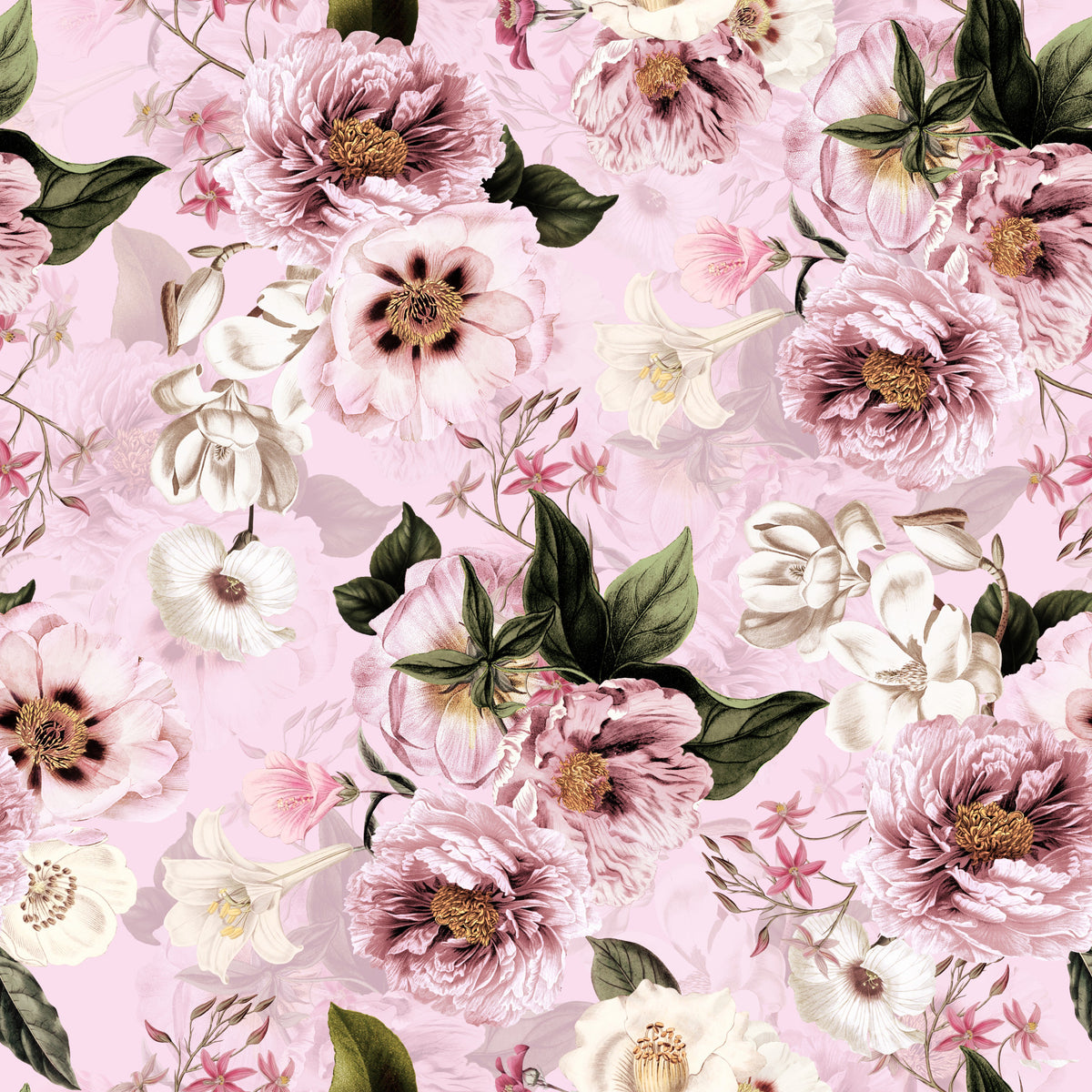 Grandmillennial Dramatic Glamour Heritage Peonies Blush Florals Wallpaper⁠ in your room — zoomed