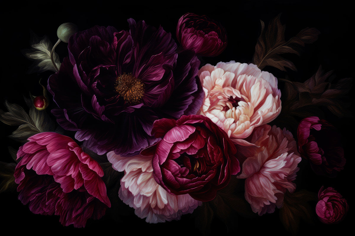 Grandmillennial Dramatic Glamour Heritage Gothic Dark Peonies Florals Wall Mural in your room — zoomed