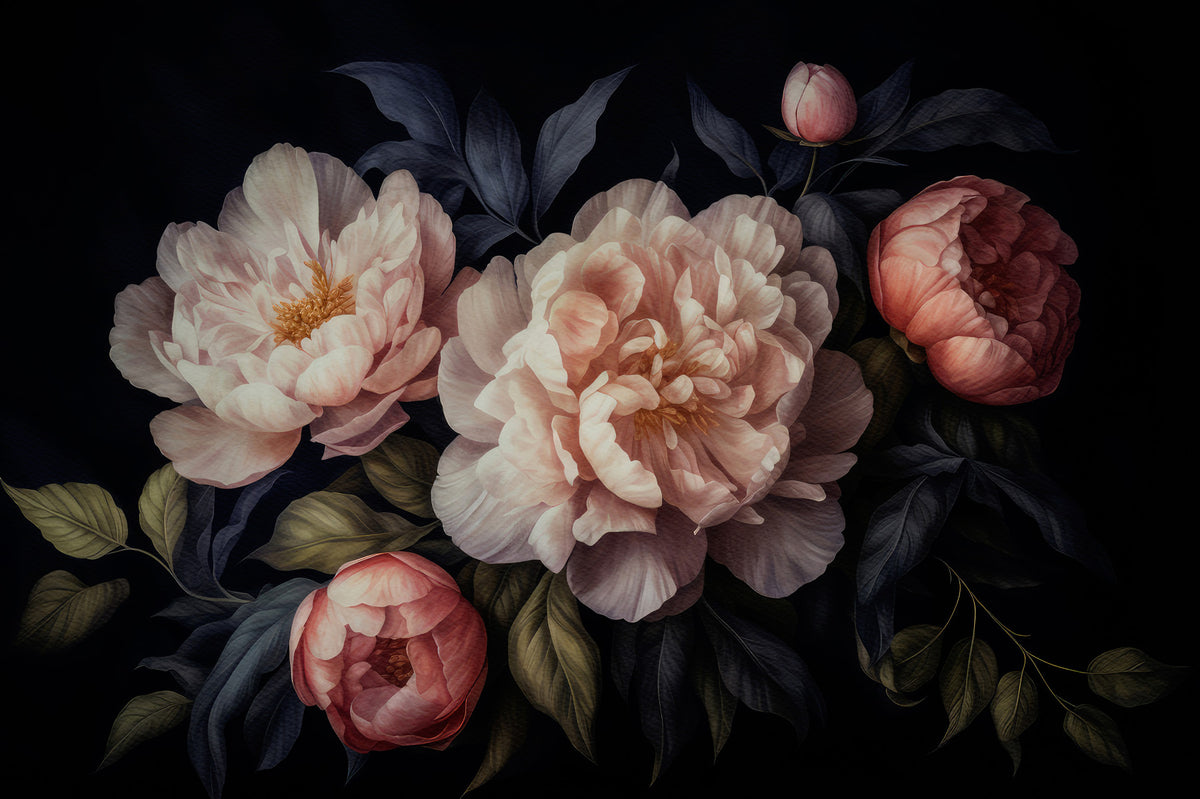 Grandmillennial Dramatic Glamour Heritage Gothic Dark Peonies Florals 1 Wall Mural in your room — zoomed