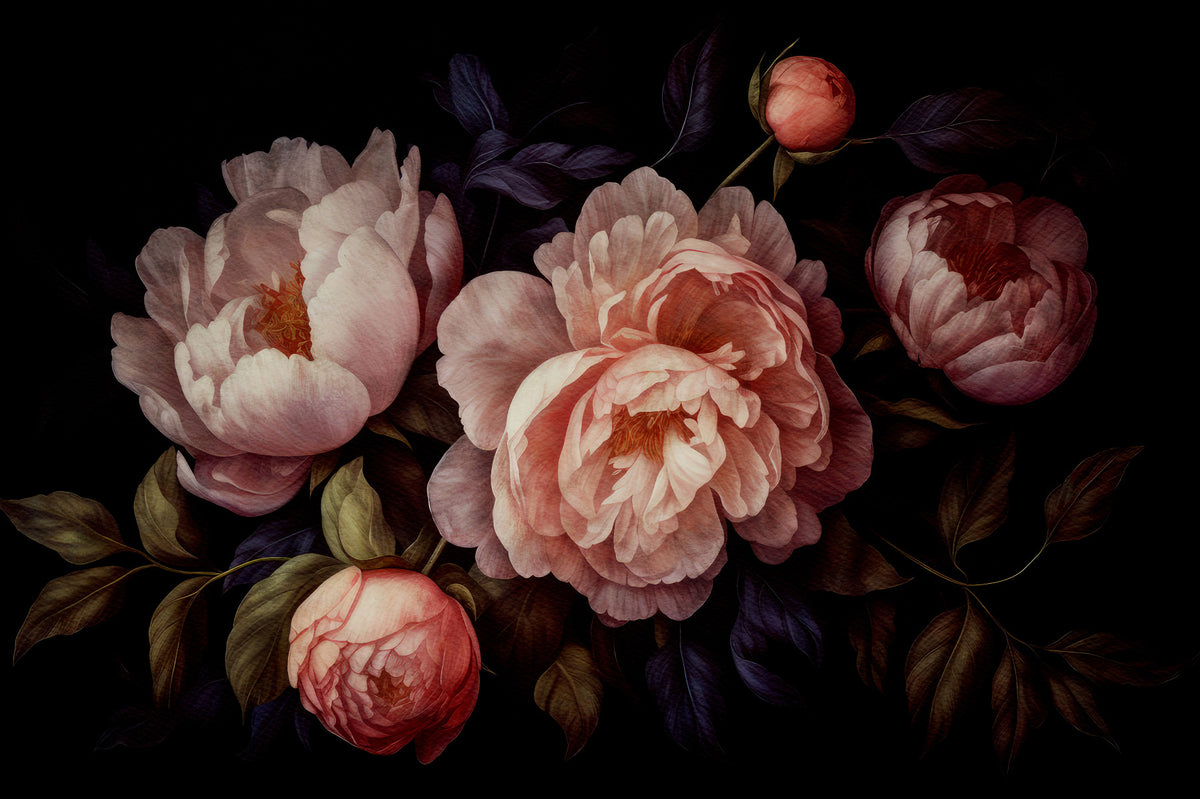 Grandmillennial Dramatic Glamour Heritage Gothic Peach Peonies Moody Florals Wall Mural in your room — zoomed