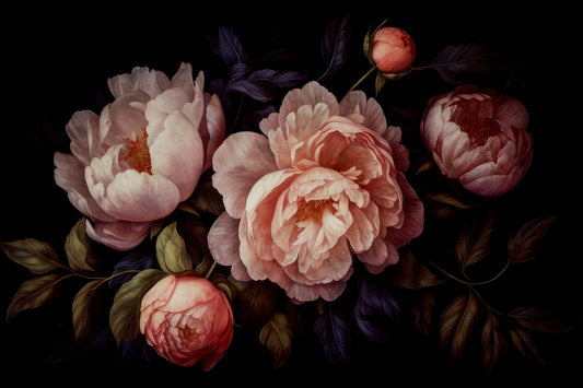 Grandmillennial Dramatic Glamour Heritage Gothic Peach Peonies Moody Florals Wall Mural