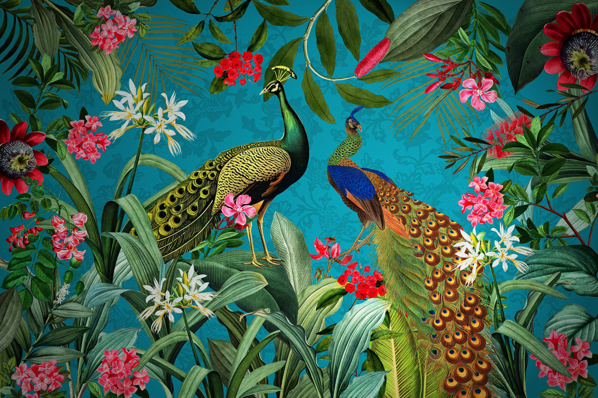 Vintage Peacock Paradise 1 Wall Mural in your room — zoomed