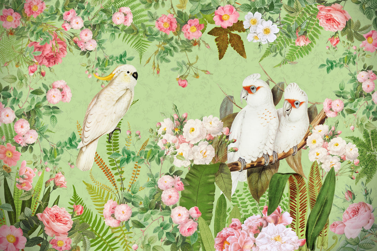 Whispering Roses & White Cockatoos Wall Mural in your room
