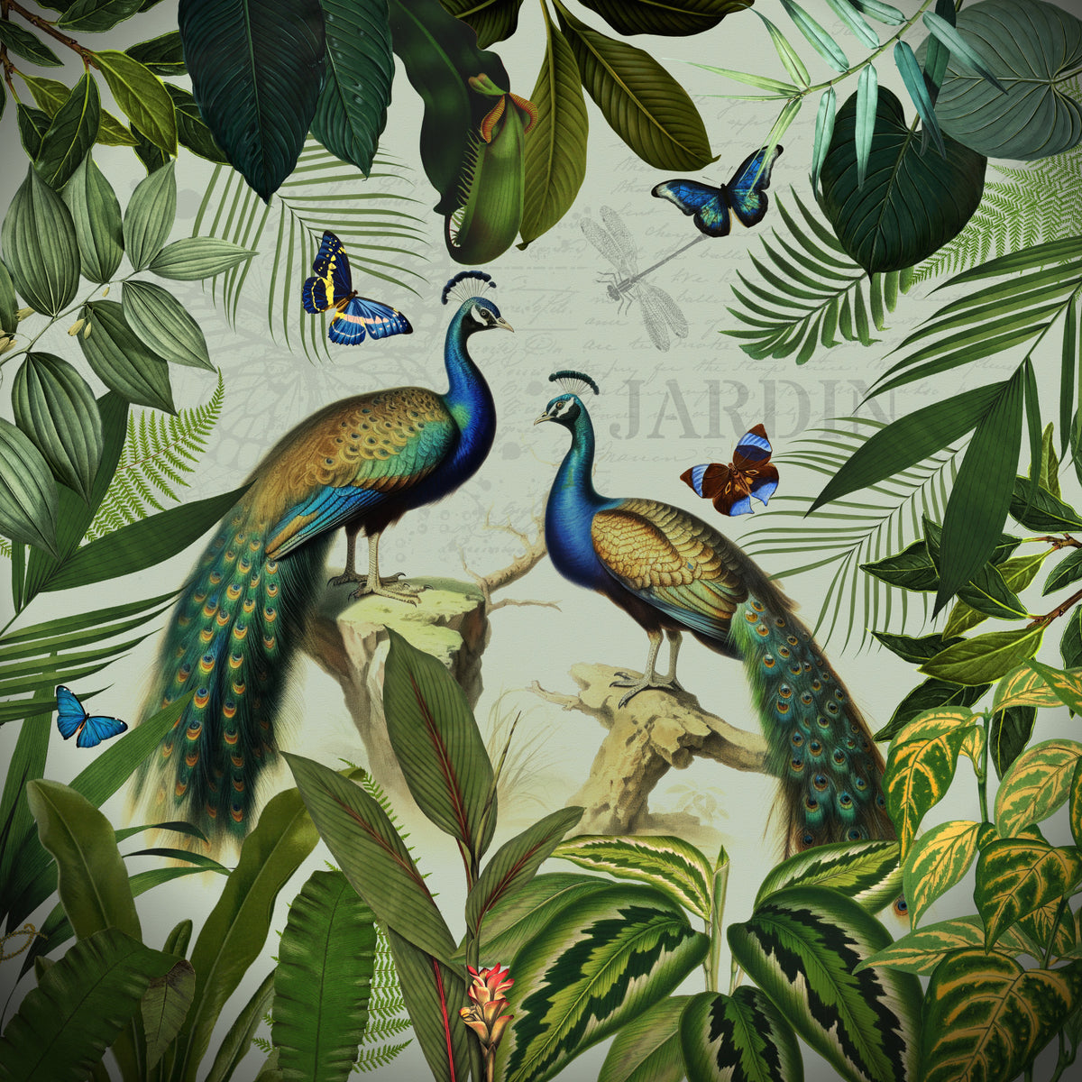 Botanical Peacocks Wall Mural in your room — zoomed