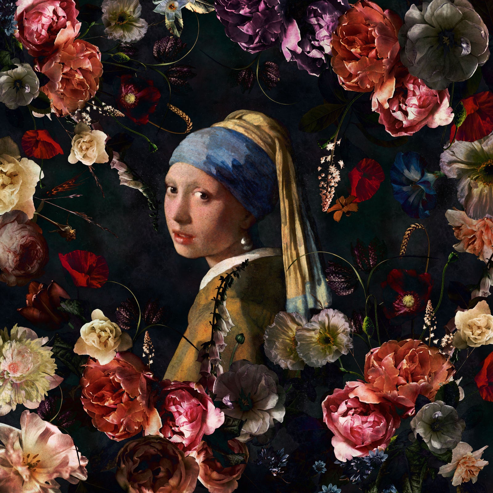 Girl with a Pearl Earring: A Floral Renaissance Wall Mural