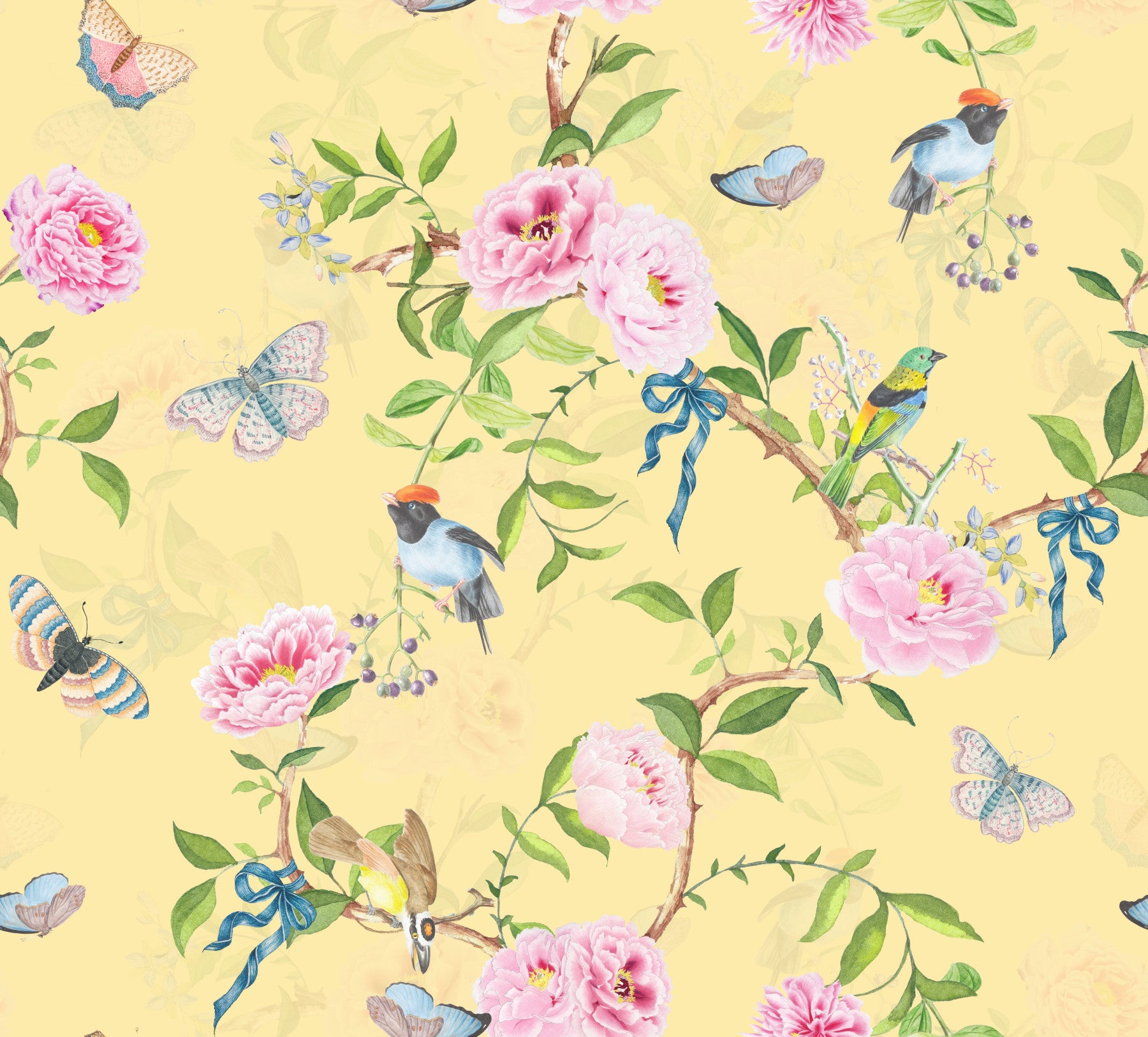 Pastel Paradise Chinoiserie Birds & Blooms Wallpaper⁠ in your room — zoomed