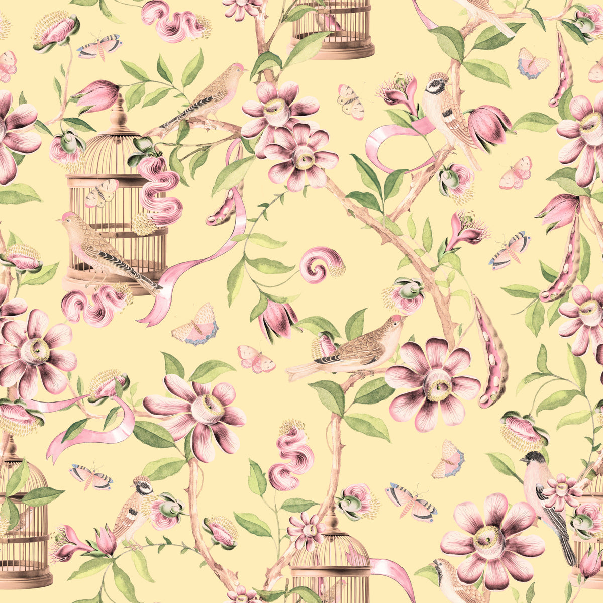 Romantic Chinoiserie Birds Wallpaper⁠ in your room — zoomed