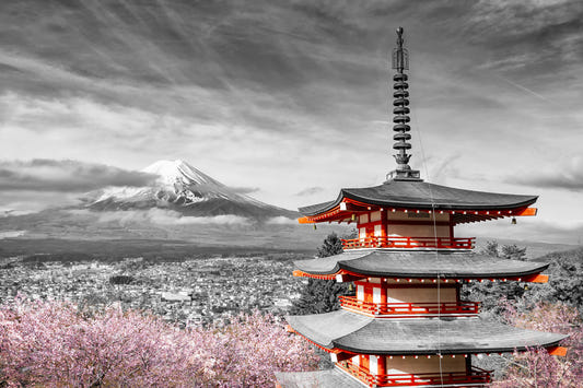 Magnificent view of Mount Fuji with Chureito Pagoda during cherry blossom season | colorkey Wall Mural