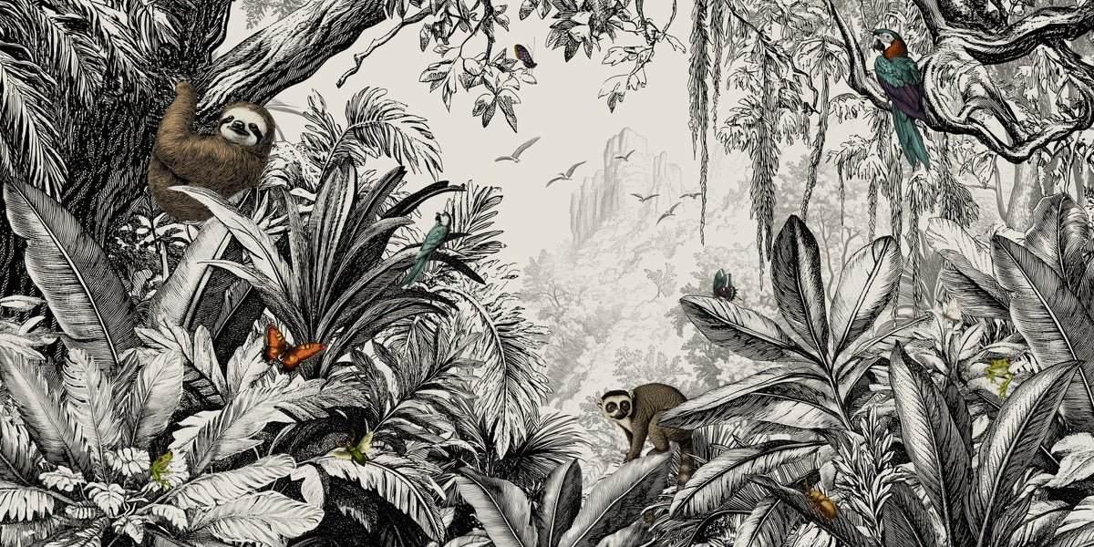 Jungle Vista - Black & Off-White Wall Mural in your room