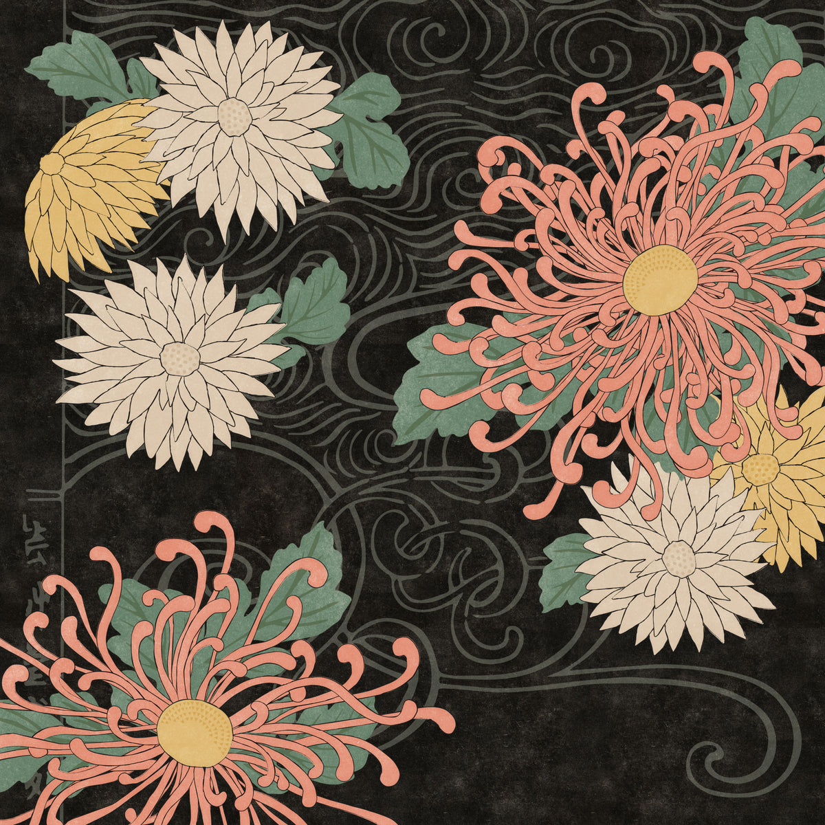Midnight Chrysanthemums Japanese Print Wall Mural in your room