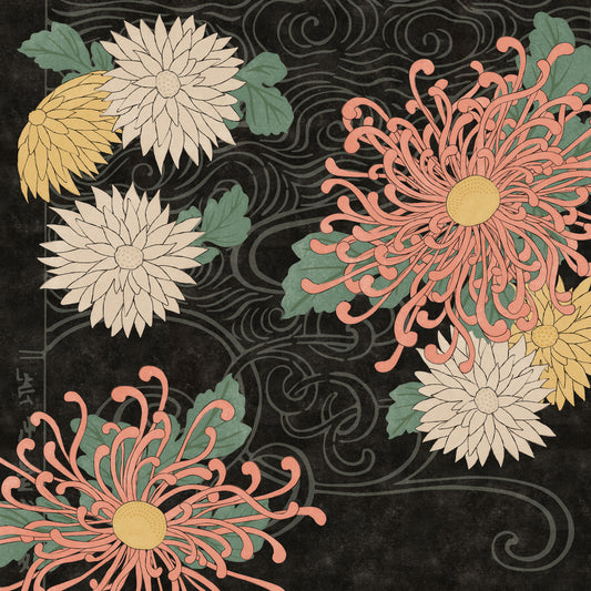 Midnight Chrysanthemums Japanese Print Wall Mural