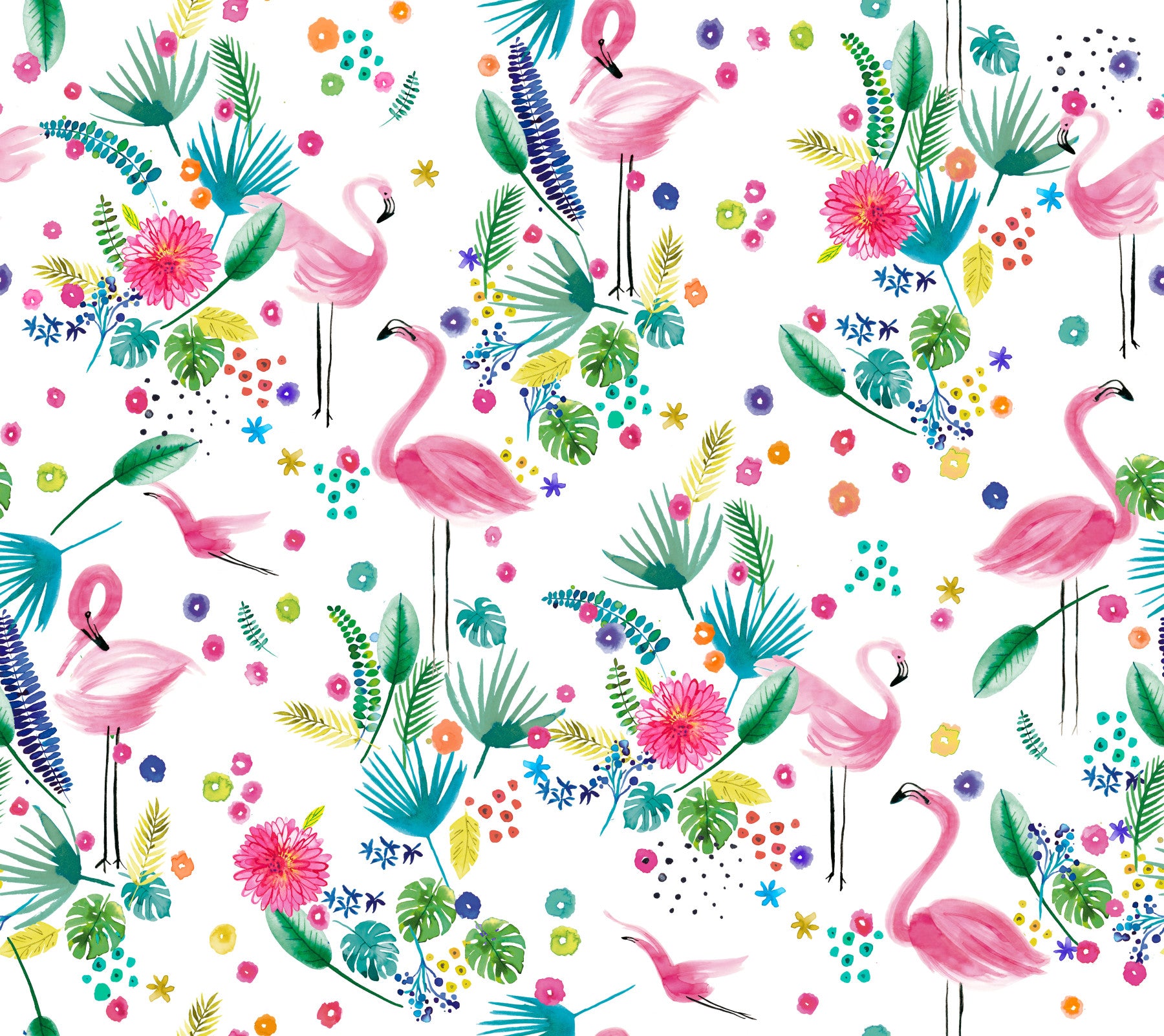 Tropical Flamingo Jungle Pink Green Wallpaper⁠