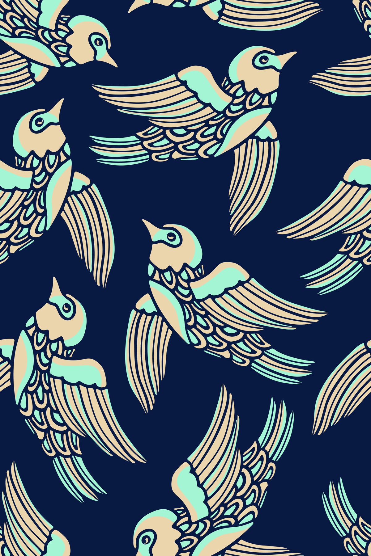 Birds Flying Higher in Mint Beige Midnight Blue Wallpaper⁠ in your room