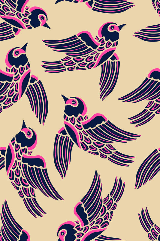 Birds Flying Higher in Fuchsia Pink Midnight Blue Beige Wallpaper⁠