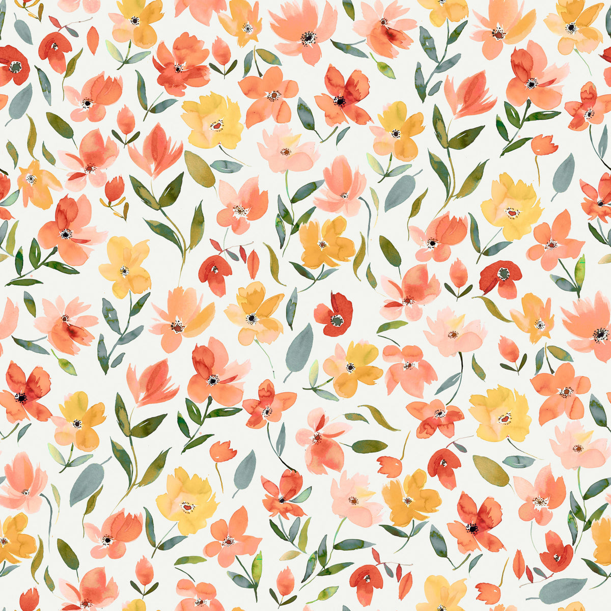 Watercolor Fresh Flowers Orange Yellow Wallpaper⁠ in your room — zoomed