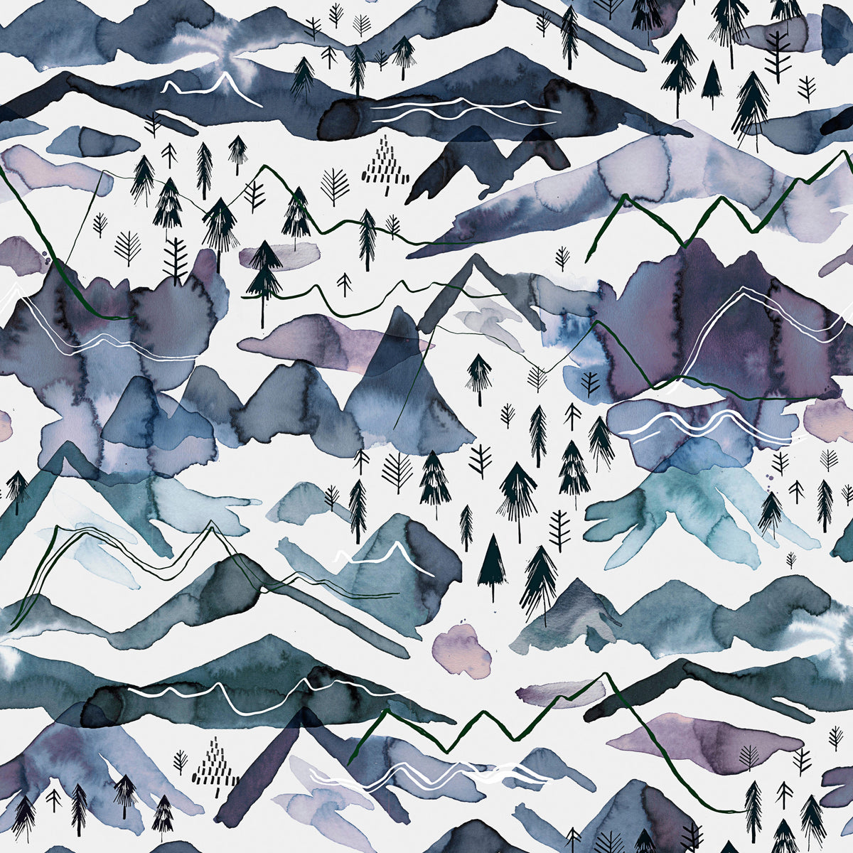 Watercolor Mountains Landscape Blue Mauve Wallpaper⁠ in your room